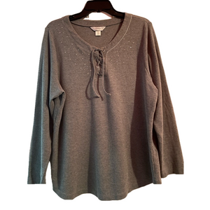 CJ Banks Split Neck Top w Eyelet X Tie Closure and Studded Sparkle Accents